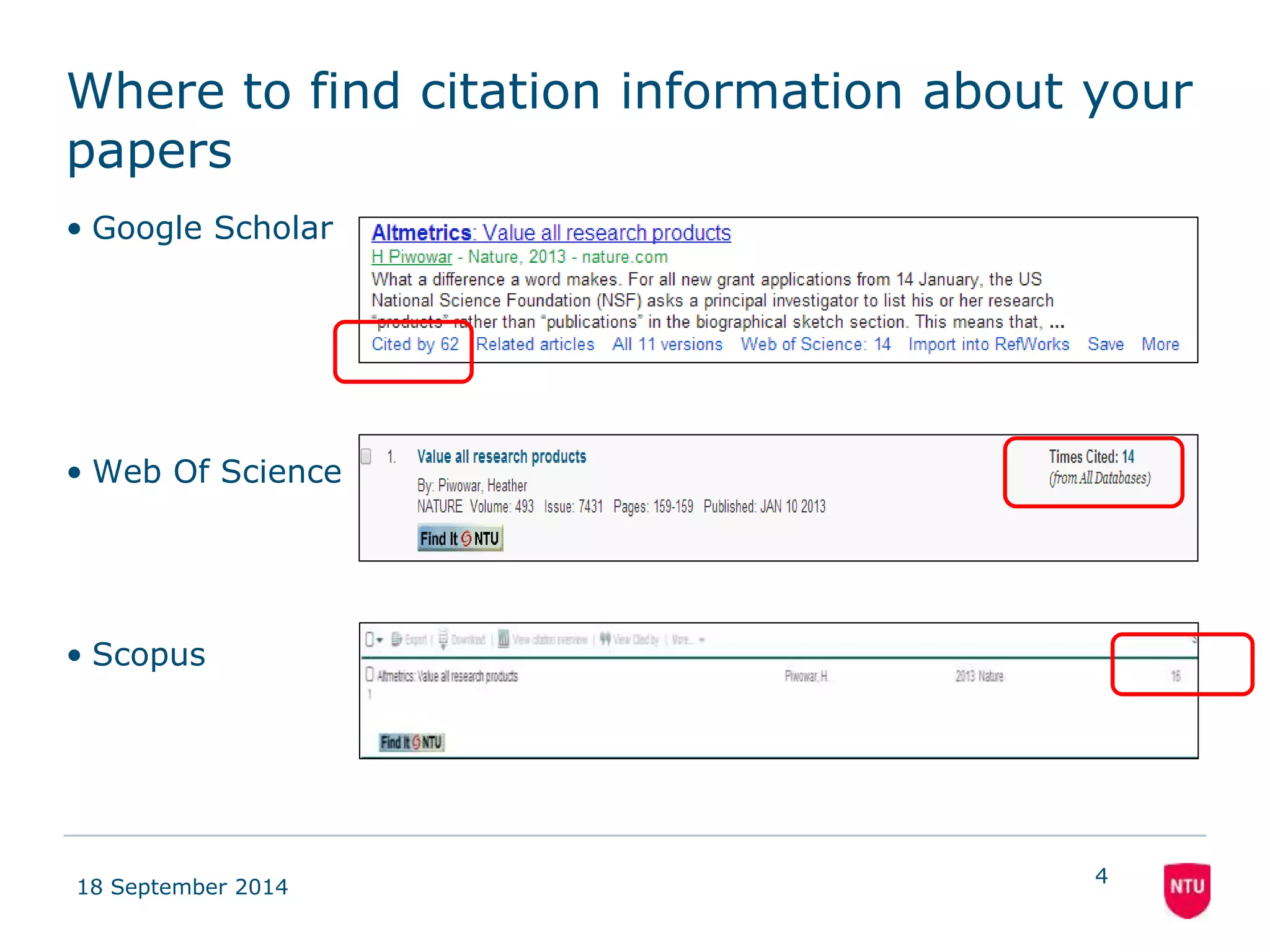 Where to find citation information about your 
papers 
• Google Scholar 
• Web Of Science 
• Scopus 
18 September 2014 
4 
 