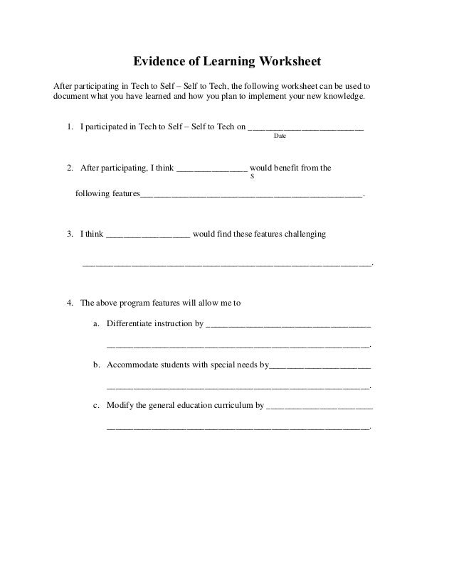 Evidence of learning worksheet