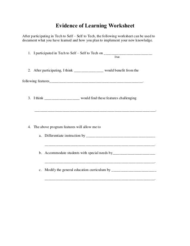 Evidence of learning worksheet