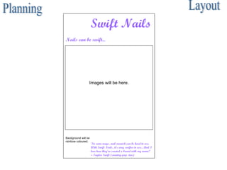 Planning Layout Swift Nails Nails can be swift... ‘ In some ways, nail varnish can be hard to use. With Swift Nails, it’s way swifter to use... And I love how they’ve created a brand with my name!’ – Taylor Swift (country-pop star) Background will be rainbow coloured. Images will be here. 