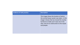 Evidence of safe practice​ Description​
This image shows the location of where
the vertical teaser poster was taken. In this
image it shows that we moved the nearby
furniture to make sure it was not in the
shot, and not an obstruction to the tripod
and people.
 