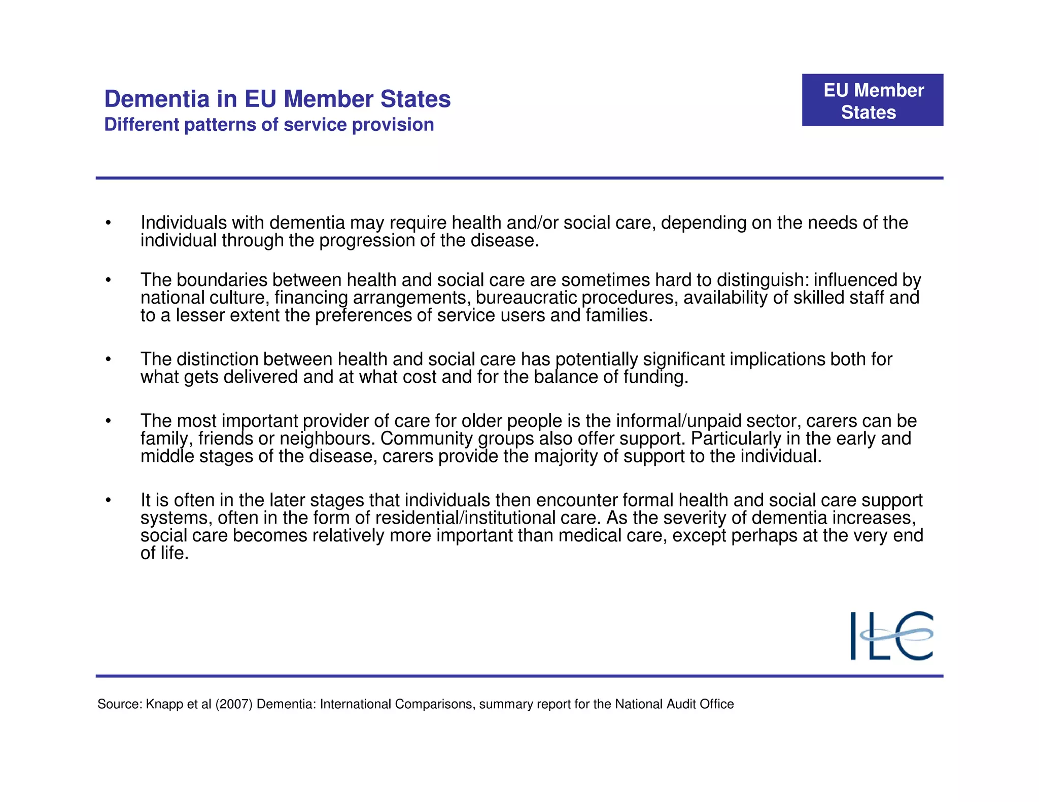 EU Member
 Dementia in EU Member States                                                                                   States
 Different patterns of service provision




 •     Individuals with dementia may require health and/or social care, depending on the needs of the
       individual through the progression of the disease.

 •     The boundaries between health and social care are sometimes hard to distinguish: influenced by
       national culture, financing arrangements, bureaucratic procedures, availability of skilled staff and
       to a lesser extent the preferences of service users and families.

 •     The distinction between health and social care has potentially significant implications both for
       what gets delivered and at what cost and for the balance of funding.

 •     The most important provider of care for older people is the informal/unpaid sector, carers can be
       family, friends or neighbours. Community groups also offer support. Particularly in the early and
       middle stages of the disease, carers provide the majority of support to the individual.

 •     It is often in the later stages that individuals then encounter formal health and social care support
       systems, often in the form of residential/institutional care. As the severity of dementia increases,
       social care becomes relatively more important than medical care, except perhaps at the very end
       of life.




Source: Knapp et al (2007) Dementia: International Comparisons, summary report for the National Audit Office
 