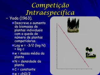 Competição
           Intraespecífica
– Yoda (1963).
    Descreve o aumento
    da biomassa de
    plantas individuais
   ...