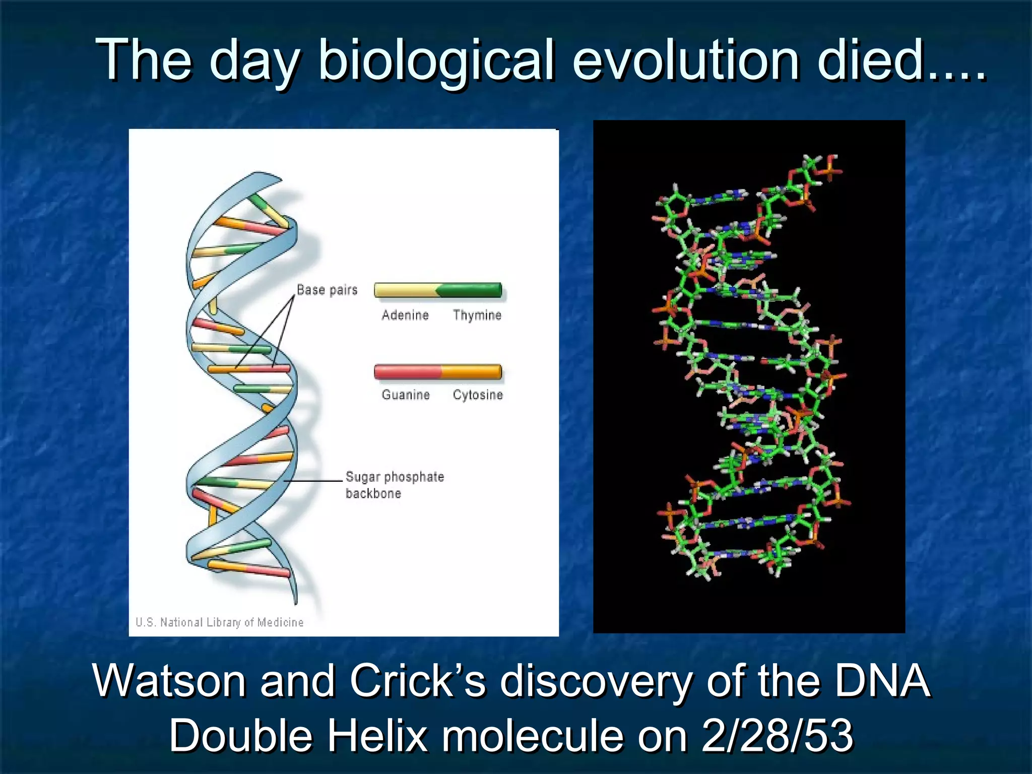 The day biological evolution died....The day biological evolution died....
Watson and Crick’s discovery of the DNAWatson and Crick’s discovery of the DNA
Double Helix molecule on 2/28/53Double Helix molecule on 2/28/53
 