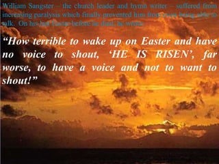 It also transformed society and history. It changed the Jewish
Sabbath into the Christian Lord’s Day. What else could
explain the replacement of Saturday as the Jewish day of rest
into Sunday as the Christian Lord’s Day?
 
