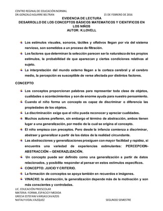 CENTRO REGINALDE EDUCACIÓN NORMAL
DR.GONZALOAGUIRRE BELTRAN 15 DE FEBRERO DE 2016
LIC. EDUCACIÓN PREESCOLAR
MATERIA: FORMA,ESPACIOY MEDIDA
GRECIA ESTEFANIVARGASCAVAZOS
NATALYVIDALVAZQUEZ SEGUNDO SEMESTRE
EVIDENCIA DE LECTURA
DESARROLLO DE LOS CONCEPTOS BÁSICOS MATEMATICOS Y CIENTIFICOS EN
LOS NIÑOS
AUTOR: K.LOVELL
Los estímulos visuales, sonoros, táctiles y olfativos llegan por vía del sistema
nervioso, son sometidos a un proceso de filtración.
Los factores que determinan la selección parecen ser la naturaleza de los propios
estímulos, la probabilidad de que aparezcan y ciertas condiciones relativas al
sujeto.
La interpretación del mundo externo llegan a la corteza cerebral y al cerebro
medio, la percepción es susceptible de verse afectada por distintos factores.
CONCEPTO
Los conceptos proporcionan palabras para representar toda clase de objetos,
cualidades o acontecimientos y son de enorme ayuda para nuestro pensamiento.
Cuando el niño forma un concepto es capaz de discriminar o diferencia las
propiedades de los objetos.
La discriminación exige que el niño pueda reconocer y apreciar cualidades.
Muchos autores prefieren, sin embargo el término de abstracción, ambos tienen
lugar a una generalización, por medio de la cual se origina el concepto.
El niño empieza con preceptos. Pero desde la infancia comienza a discriminar,
abstraer y generalizar a partir de los datos de la realidad circundante.
Las abstracciones y generalizaciones prosiguen con mayor facilidad y rapidez, si
encuentra una variedad de experiencias estimulantes: PERCEPCION-
ABSTRACCIÓN – GENERAZLIZACIÓN.
Un concepto puede ser definido como una generalización a partir de datos
relacionados, y posibilita responder al pensar en estos estímulos específicos.
CONCEPTO: JUICIO Y CRITERIO.
La formación de conceptos se apoya también en recuerdos e imágenes.
VINACKE: la abstracción, la generalización depende más de la motivación y son
más conscientes y controladas.
 