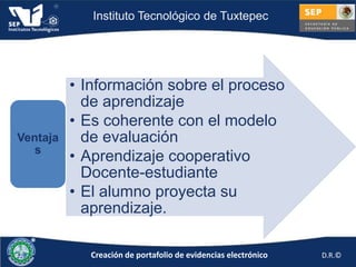 Instituto Tecnológico de Tuxtepec




          • Información sobre el proceso
            de aprendizaje
          • Es coherente con el modelo
Ventaja     de evaluación
   s
          • Aprendizaje cooperativo
            Docente-estudiante
          • El alumno proyecta su
            aprendizaje.

            Creación de portafolio de evidencias electrónico   D.R.©
 