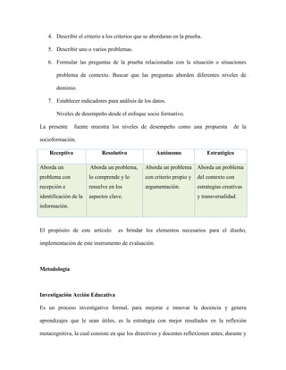 4. Describir el criterio a los criterios que se abordaran en la prueba.
5. Describir uno o varios problemas.
6. Formular las preguntas de la prueba relacionadas con la situación o situaciones
problema de contexto. Buscar que las preguntas aborden diferentes niveles de
dominio.
7. Establecer indicadores para análisis de los datos.
Niveles de desempeño desde el enfoque socio formativo.
La presente

fuente muestra los niveles de desempeño como una propuesta

de la

socioformación.
Receptivo

Resolutivo

Autónomo

Estratégico

Aborda un

Aborda un problema,

Aborda un problema Aborda un problema

problema con

lo comprende y lo

con criterio propio y

del contexto con

recepción e

resuelve en los

argumentación.

estrategias creativas

identificación de la

aspectos clave.

y transversalidad.

información.

El propósito de este artículo

es brindar los elementos necesarios para el diseño,

implementación de este instrumento de evaluación.

Metodología

Investigación Acción Educativa
Es un proceso investigativo formal, para mejorar e innovar la docencia y genera
aprendizajes que le sean útiles, es la estrategia con mejor resultados en la reflexión
metacognitiva, la cual consiste en que los directivos y docentes reflexionen antes, durante y

 