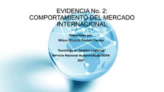 EVIDENCIA No. 2:
COMPORTAMIENTO DEL MERCADO
INTERNACIONAL
Presentado por:
Wilson Ricardo Pachón Parada
Tecnólogo en Gestión Logística
Servicio Nacional de Aprendizaje SENA
2021
 