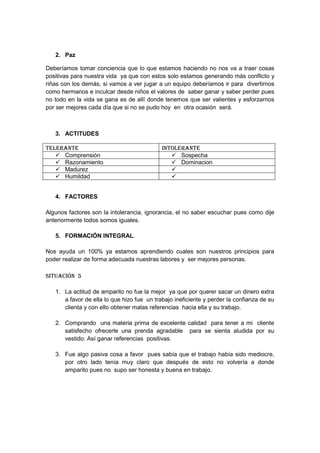2. Paz

Deberíamos tomar conciencia que lo que estamos haciendo no nos va a traer cosas
positivas para nuestra vida ya que con estos solo estamos generando más conflicto y
riñas con los demás, si vamos a ver jugar a un equipo deberíamos ir para divertirnos
como hermanos e inculcar desde niños el valores de saber ganar y saber perder pues
no todo en la vida se gana es de allí donde tenemos que ser valientes y esforzarnos
por ser mejores cada día que si no se pudo hoy en otra ocasión será.



   3. ACTITUDES

TELERANTE                                   INTOLERANTE
    Comprensión                                Sospecha
    Razonamiento                               Dominacion
    Madurez                                   
    Humildad                                  


   4. FACTORES

Algunos factores son la intolerancia, ignorancia, el no saber escuchar pues como dije
anteriormente todos somos iguales.

   5. FORMACIÓN INTEGRAL.

Nos ayuda un 100% ya estamos aprendiendo cuales son nuestros principios para
poder realizar de forma adecuada nuestras labores y ser mejores personas.

Situación 5

   1. La actitud de amparito no fue la mejor ya que por querer sacar un dinero extra
      a favor de ella lo que hizo fue un trabajo ineficiente y perder la confianza de su
      clienta y con ello obtener malas referencias hacia ella y su trabajo.

   2. Comprando una materia prima de excelente calidad para tener a mi cliente
      satisfecho ofrecerle una prenda agradable para se sienta aludida por su
      vestido. Así ganar referencias positivas.

   3. Fue algo pasiva cosa a favor pues sabía que el trabajo había sido mediocre,
      por otro lado tenía muy claro que después de esto no volvería a donde
      amparito pues no supo ser honesta y buena en trabajo.
 