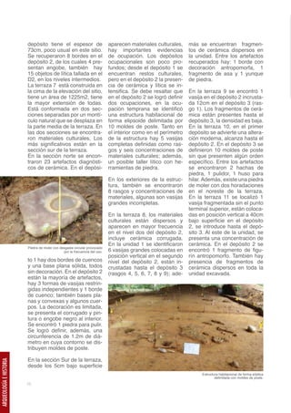 depósito tiene el espesor de                       aparecen materiales culturales,     más se encuentran fragmen-
                         73cm, poco usual en este sitio.                    hay importantes evidencias          tos de cerámica dispersos en
                         Se recuperaron 8 bordes en el                      de ocupación. Los depósitos         la unidad. Entre los artefactos
                         depósito 2, de los cuales 4 pre-                   ocupacionales son poco pro-         recuperados hay: 1 borde con
                         sentan engobe, también hay                         fundos; desde el depósito 1 se      decoración antropomorfa, 1
                         15 objetos de lítica tallada en el                 encuentran restos culturales,       fragmento de asa y 1 yunque
                         D2, en los niveles intermedios.                    pero en el depósito 2 la presen-    de piedra.
                         La terraza 7 está construida en                    cia de cerámica y lítica se in-
                         la cima de la elevación del sitio,                 tensifica. Se debe resaltar que     En la terraza 9 se encontró 1
                         tiene un área de 1225m2, tiene                     en el depósito 2 se logró definir   vasija en el depósito 2 incrusta-
                         la mayor extensión de todas.                       dos ocupaciones, en la ocu-         da 12cm en el depósito 3 (ras-
                         Está conformada en dos sec-                        pación temprana se identificó       go 1). Los fragmentos de cerá-
                         ciones separadas por un montí-                     una estructura habitacional de      mica están presentes hasta el
                         culo natural que se desplaza en                    forma elipsoide delimitada por      depósito 3, la densidad es baja.
                         la parte media de la terraza. En                   10 moldes de poste. Tanto en        En la terraza 10, en el primer
                         las dos secciones se encontra-                     el interior como en el perímetro    depósito se advierte una altera-
                         ron materiales culturales, Los                     de la estructura hay 5 vasijas      ción moderna, alcanza hasta el
                         más significativos están en la                     completas definidas como ras-       depósito 2. En el depósito 3 se
                         sección sur de la terraza.                         gos y seis concentraciones de       definieron 10 moldes de poste
                         En la sección norte se encon-                      materiales culturales; además,      sin que presenten algún orden
                         traron 23 artefactos diagnósti-                    un posible taller lítico con he-    específico. Entre los artefactos
                         cos de cerámica. En el depósi-                     rramientas de piedra.               se encontraron 2 hachas de
                                                                                                                piedra, 1 pulidor, 1 huso para
                                                                            En los exteriores de la estruc-     hilar. Además, existe una piedra
                                                                            tura, también se encontraron        de moler con dos horadaciones
                                                                            8 rasgos y concentraciones de       en el noreste de la terraza.
                                                                            materiales, algunas son vasijas     En la terraza 11 se localizó 1
                                                                            grandes incompletas.                vasija fragmentada sin el punto
                                                                                                                terminal superior, están coloca-
                                                                            En la terraza 8, los materiales     das en posición vertical a 40cm
                                                                            culturales están dispersos y        bajo superficie en el depósito
                                                                            aparecen en mayor frecuencia        2, se introduce hasta el depó-
                                                                            en el nivel dos del depósito 2,     sito 3. Al este de la unidad, se
                                                                            incluye cerámica corrugada.         presenta una concentración de
                                                                            En la unidad 1 se identificaron     cerámica. En el depósito 2 se
                         Piedra de moler con desgaste circular provocado
                                               por la frecuencia del uso.   6 vasijas grandes colocadas en      encontró 1 fragmento de figu-
                                                                            posición vertical en el segundo     rín antropomorfo. También hay
                         to 1 hay dos bordes de cuencos                     nivel del depósito 2, están in-     presencia de fragmentos de
                         y una base plana sólida, todos                     crustadas hasta el depósito 3       cerámica dispersos en toda la
                         sin decoración. En el depósito 2                   (rasgos 4, 5, 6, 7, 8 y 9); ade-    unidad excavada.
                         están la mayoría de artefactos,
                         hay 3 formas de vasijas restrin-
                         gidas independientes y 1 borde
                         de cuenco; también bases pla-
                         nas y convexas y algunos cuer-
                         pos. La decoración es limitada,
                         se presenta el corrugado y pin-
                         tura o engobe negro al interior.
                         Se encontró 1 piedra para pulir.
                         Se logró definir, además, una
                         circunferencia de 1.2m de diá-
                         metro en cuya contorno se dis-
                         tribuyen moldes de poste.

                         En la sección Sur de la terraza,
ARQUEOLOGÍA E HISTORIA




                         desde los 5cm bajo superficie
                                                                                                                     Estructura habitacional de forma elíptica
                                                                                                                             delimitada con moldes de poste.
                         10
 
