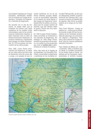 inca estaban habitadas por Yungas                       recibía beneficios de los de las       tre ellas Palenque Alto; se dice que
Colorados, identificados también                        tierras calientes (yungas) debido      los Mangaches también ocuparon
con los nombres de Yungas de An-                        a que se encontraban esparcidos        territorios del Palenque Alto y que
gamarca, Colorados de Angamar-                          en un espacio de veinte leguas, a      aunque la mayoría ya hablaba algo
ca o Calientes de Angamarca.                            diez leguas de Angamarca; consi-       de español, ellos tenían su propio
                                                        deraba difícil el acceso a la zona y   dialecto de la lengua de los Colo-
De acuerdo con la cita de Ca-                           decía que los yungas carecen de        rados.
rranza, se puede inferir que la                         doctrina, que casi siempre están
fundación de Contero tuvo cierta                        en guerra. Porcel veía muy nece-       Para Frank Salomon, Yungas es
resistencia de los pueblos arriba                       saria la reducción.                    palabra sur – andina que se utiliza-
mencionados, pues no fue sencillo                                                              ba durante el siglo XVI por los mo-
instaurar instituciones hispanas, la                    En 1592 el padre Onofre Esteban,       radores de las montañas occiden-
labor misionera como el cobro de                        había convertido al cristianismo a     tales de Latacunga y se comunican
tributos encontraron obstáculos, se                     los colorados de Angamarca. Sin        con Sigchos y Angamarca. Para
producía resistencia y migraciones                      embargo en 1604 Diego Porcel,          este y otros autores los Yungas ha-
para escapar de dichas imposicio-                       también encomendero de esa épo-        brían sido los mismos pobladores
nes. En 1576 se produjo una insu-                       ca, va a poblar la zona yunga para     llamados Colorados.
rrección de los indios yungas.                          que vivan en pulicia (sic) y adoc-
                                                        trinarlos en la Santa Fe Católica.     Para Cabello de Balboa (en: Jijón
Para 1585, Lucas Porcel enco-                                                                  y Caamaño, 1940), el territorio que
mendero de Angamarca, al hablar                         Años más tarde de la llegada de        va desde la Cordillera Occidental
de sus indios decía que tenía más                       los españoles, Los Colorados (Tsá-     de los Andes hasta el Daule, fue
de doscientos entre las zonas alta                      chilas), comenzaban a dispersarse      poblado por los Campaces, super-
y yunga y se quejaba de que no                          y adentrarse en las montañas en-       poniéndose el territorio ocupado




                                                                                                                                      ARQUEOLOGÍA E HISTORIA




Área de los Yungas Colorados, tomado de: Morales y Eloy, Juan.




                                                                                                                                 43
 