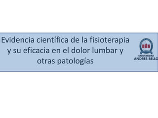 Evidencia científica de la fisioterapia
  y su eficacia en el dolor lumbar y
           otras patologías
 