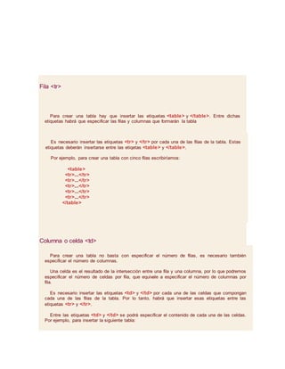 Para crear una tabla hay que insertar las etiquetas <table> y </table>. Entre dichas
etiquetas habrá que especificar las filas y columnas que formarán la tabla
Es necesario insertar las etiquetas <tr> y </tr> por cada una de las filas de la tabla. Estas
etiquetas deberán insertarse entre las etiqetas <table> y </table>.
Por ejemplo, para crear una tabla con cinco filas escribiríamos:
<table>
<tr>...</tr>
<tr>...</tr>
<tr>...</tr>
<tr>...</tr>
<tr>...</tr>
</table>
Columna o celda <td>
Para crear una tabla no basta con especificar el número de filas, es necesario también
especificar el número de columnas.
Una celda es el resultado de la intersección entre una fila y una columna, por lo que podremos
especificar el número de celdas por fila, que equivale a especificar el número de columnas por
fila.
Es necesario insertar las etiquetas <td> y </td> por cada una de las celdas que compongan
cada una de las filas de la tabla. Por lo tanto, habrá que insertar esas etiquetas entre las
etiquetas <tr> y </tr>.
Entre las etiquetas <td> y </td> se podrá especificar el contenido de cada una de las celdas.
Por ejemplo, para insertar la siguiente tabla:
Fila <tr>
 