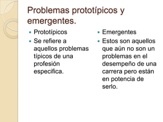 Problemas prototípicos y
emergentes.
 Prototípicos          Emergentes
 Se refiere a          Estos son aquellos
  aquellos problemas     que aún no son un
  típicos de una         problemas en el
  profesión              desempeño de una
  especifica.            carrera pero están
                         en potencia de
                         serlo.
 