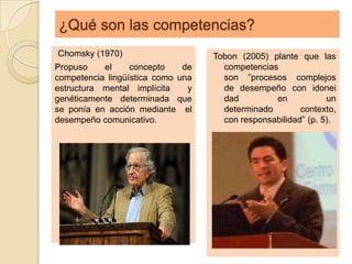¿Qué son las competencias?
Chomsky (1970)                     Tobon (2005) plante que las
Propuso    el     concepto    de     competencias
competencia lingüística como una     son ”procesos complejos
estructura mental implícita    y     de desempeño con idonei
genéticamente determinada que        dad         en            un
se ponía en acción mediante el       determinado        contexto,
desempeño comunicativo.              con responsabilidad” (p. 5).
 