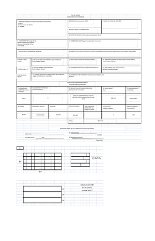 BILL OF LADING
CONOCIMIENTO DE EMBARQUE
1 2 PALLETS CONTENIENDO 20 CAJAS
1. SHIPPER/ EXPORTER (complete name address) Embarcador:
Vikingos.
Dirrecion:cra 7 con calle 16.
tel:4339506
3.BOOKING No(reservaNo):15061
3(b) DATE(fecha):17 de agosto/2010
4.EXPORT REFERENCE ( referencias de exportacion): OC017
3 (a) BILL OF LADING No. MEX 4803
5. CONSIGNEEDTO(consignado a):
MonicaGinnethLeuro Junguito.
Direccion:Cra 72k#40c-57 sur.
tel:2733529
6. FORWARDING AGENT( agente embacador): transmares
7. NOTIFY PARTY( notifiquese a):almacenar 8.DOMESTIC ROUTING/EXPORTINSTRUTIONS( rutadomestica/instruccionesde exportacion):PuertoVallarte- Barranquilla
9.VESSEL ( nave):
FHY245
VOYAGE(viaje):V7
FLAG ( bandera):
Mexico
10. PLACEOF RECEIPT BY CARRIER ( carga recibida en):
PuertoVallarta- Mexico
13. PORT OFLADING ( puertodecarga):
Puerto Vallarte- Mexico
17. PLACEOF DELIVERY BY CARRIER(lurgar de entregade la
carga): BARRANQUILLA-COLOMBIA
11. REALY POINT(puerto de conexion):Ninguno
14. LOADINGPIER terminal / muelle:terminal BQA. 51
12. POINTANDCOUNTRYOF ORIGIN (lugary pais de origen):
PuertoVallarta- Mexico
15. TYPE OF MOVE(tipo de movimiento):
MECANICOMONTACARGAS
18. ORIGINALS TOBE RELEASED AT (orinales para entregarse en):
BOGOTA
PARTICULARSFURNISHEDBYSHIPPER
contenidosegunelembarcador
19. MARKS AND
NUMBERS(marcasy
numeros)
20. NUMBERS OFPACKAGES
(numerode bultos)
21. DESCRIPTION OFPACKEGESANDGOOD
(descripcionde mercancias)
22. WEIGH(libras /
kilos)
23. MEASUREMENTS
( maedidas)
RATEtarifa CHARGEABLE WEIGHT RETED AS FREIGHTCHARGES TOBE PREPAIDIN
USDOLLARS- pre
pagadoen dolares
COLLECTIN US
acobrar endolares
OREIGNCURRENCY
monedalocal
TOTAL
IN WITNESS WHERE OFTHE CARRIERBY ITS AGENTHASSIGNED
SIGNATURE
BY: TRASNMARES
CARRIER
DECLAREDVALUE: NVD BY:AGANEMEX- MEXICO
FORSHIPPER
001/2
2 PALLETS CONTENIENDO20 CAJASDE
CARTON CON ATUN ENLATADODE PESO
NETO
1900 KILO 1.00x1.20x0,75
80USD 1,9 TONELADAS 30,4 USD152 USD
2
182,4 USD
X USD
1)
40m
60m
1m*1,20m*0,75m
5cm
5cm
5cm
productoporpallet:2400
pesoporpallet:912
numerode pallets:2
 