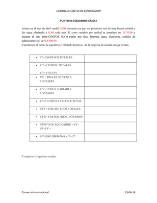 EVIDENCIA: COSTOS DE EXPORTACION
Comercio Internacional 15-04-16
PUNTO DE EQUILIBRIO: CASO 2
Ariana en el mes de abril vendió 2000 souvenirs ya que sus productos son de muy buena calidad y
los sigue ofertando a S/.60 cada uno. El costo variable por unidad se mantiene en S/.35.00 y
durante el mes tiene COSTOS FIJOS totales por (luz, Internet, agua, alquileres, sueldos de
administrativos) de S/8,500.00.
Calculemos el punto de equilibrio, Utilidad Operativa, de la empresa de nuestra amiga Ariana.
 IT= INGRESOS TOTALES
 CT= COSTOS TOTALES
CT= CVt+CFt
 PV = PRECIO DE VENTA
UNITARIO
 CV= COSTO VARIABLE
UNITARIO
 CVT=COSTO VARIABLE TOTAL
 CFT= COSTOS FIJOS TOTALES
 CFU= COSTOS FIJOS UNITARIOS
 PUNTO DE EQUILIBRIO = CF /
PV-CV =
 UTILIDAD OPERATIVA = IT – CT
Completar el siguiente cuadro:
 
