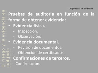 Elriesgoylaevidenciaen
auditoria Las pruebas de auditoría
Pruebas de auditoria en función de la
forma de obtener evidencia:
• Evidencia física.
- Inspección.
- Observación.
• Evidencia documental.
- Revisión de documentos.
- Obtención de certificados.
• Confirmaciones de terceros.
- Confirmación.
 