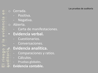 Elriesgoylaevidenciaen
auditoria Las pruebas de auditoría
o Cerrada.
- Positiva.
- Negativa.
o Abierta.
- Carta de manifestaciones.
• Evidencia verbal.
- Cuestionarios.
- Conversaciones.
• Evidencia analítica.
- Comparaciones y ratios.
- Cálculos.
- Pruebas globales.
• Evidencia contable.
 