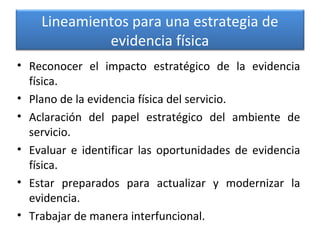 Lineamientos para una estrategia de
evidencia física
• Reconocer el impacto estratégico de la evidencia
física.
• Plano de la evidencia física del servicio.
• Aclaración del papel estratégico del ambiente de
servicio.
• Evaluar e identificar las oportunidades de evidencia
física.
• Estar preparados para actualizar y modernizar la
evidencia.
• Trabajar de manera interfuncional.
 