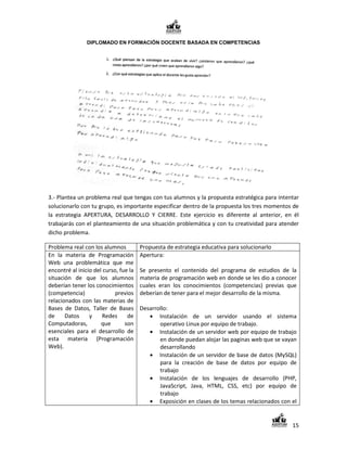 DIPLOMADO EN FORMACIÓN DOCENTE BASADA EN COMPETENCIAS




3.- Plantea un problema real que tengas con tus alumnos y la propuesta estratégica para intentar
solucionarlo con tu grupo, es importante especificar dentro de la propuesta los tres momentos de
la estrategia APERTURA, DESARROLLO Y CIERRE. Este ejercicio es diferente al anterior, en él
trabajarás con el planteamiento de una situación problemática y con tu creatividad para atender
dicho problema.

Problema real con los alumnos          Propuesta de estrategia educativa para solucionarlo
En la materia de Programación          Apertura:
Web una problemática que me
encontré al inicio del curso, fue la   Se presento el contenido del programa de estudios de la
situación de que los alumnos           materia de programación web en donde se les dio a conocer
deberían tener los conocimientos       cuales eran los conocimientos (competencias) previas que
(competencia)               previos    deberían de tener para el mejor desarrollo de la misma.
relacionados con las materias de
Bases de Datos, Taller de Bases        Desarrollo:
de     Datos     y    Redes      de           Instalación de un servidor usando el sistema
Computadoras,         que       son           operativo Linux por equipo de trabajo.
esenciales para el desarrollo de              Instalación de un servidor web por equipo de trabajo
esta materia (Programación                    en donde puedan alojar las paginas web que se vayan
Web).                                         desarrollando
                                              Instalación de un servidor de base de datos (MySQL)
                                              para la creación de base de datos por equipo de
                                              trabajo
                                              Instalación de los lenguajes de desarrollo (PHP,
                                              JavaScript, Java, HTML, CSS, etc) por equipo de
                                              trabajo
                                              Exposición en clases de los temas relacionados con el


                                                                                                 15
 
