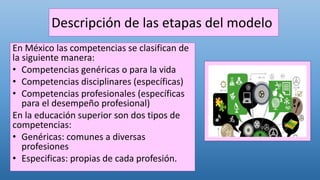 Descripción de las etapas del modelo
En México las competencias se clasifican de
la siguiente manera:
• Competencias genéricas o para la vida
• Competencias disciplinares (específicas)
• Competencias profesionales (específicas
para el desempeño profesional)
En la educación superior son dos tipos de
competencias:
• Genéricas: comunes a diversas
profesiones
• Especificas: propias de cada profesión.
 