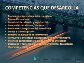 COMPETENCIAS QUE DESARROLLAPromueve el aprendizaje auto – regaladoEvaluación continuaCapacidad de reflexión y espíritu criticoCreatividad del alumno / docentePromueve la integración del aprendizajeInduce a la investigaciónFomenta la búsqueda de informaciónPromueve la evaluación diagnostica, formativa y sumativa.Motiva la participación del grupo para la co-evaluacionDesarrolla  y fomenta el uso de las herramientas tecnológicasValor ético y moral