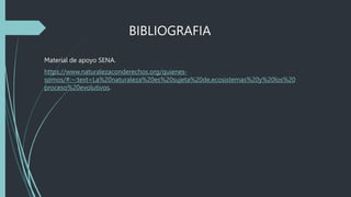 BIBLIOGRAFIA
Material de apoyo SENA.
https://www.naturalezaconderechos.org/quienes-
somos/#:~:text=La%20naturaleza%20es%20sujeta%20de,ecosistemas%20y%20los%20
proceso%20evolutivos.
 