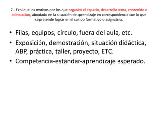 7.- Explique los motivos por los que organizó el espacio, desarrollo tema, contenido o
adecuación, abordado en la situación de aprendizaje en correspondencia con lo que
se pretende lograr en el campo formativo o asignatura.
• Filas, equipos, círculo, fuera del aula, etc.
• Exposición, demostración, situación didáctica,
ABP, práctica, taller, proyecto, ETC.
• Competencia-estándar-aprendizaje esperado.
 