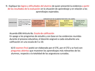 9.- Explique los logros y dificultades del alumno de quien presentó la evidencia a partir
de los resultados de la evaluación en la situación de aprendizaje y en relación a los
aprendizajes esperados.
Acuerdo 696 Artículo 8o. Escala de calificación
En apego a los programas de estudio y con base en las evidencias reunidas
durante el proceso educativo, el docente asignará a cada estudiante una
calificación en una escala de 5 a 10.
b) El examen final podrá ser elaborado por el CTE, por el CTZ y se hará con
preguntas abiertas que muestren los aprendizajes más relevantes de los
alumnos, respecto a la totalidad de las asignaturas cursadas.
 