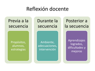 Reflexión docente
Previa a la
secuencia
Propósitos,
alumnos,
estrategias
Durante la
secuencia
Ambiente,
adecuaciones,
intervención
Posterior a
la secuencia
Aprendizajes
logrados,
dificultades y
mejoras
 