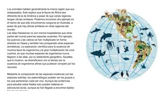 Los animales habitan generalmente la misma región que sus
antepasados. Esto explica que la fauna de África sea
diferente de la de América a pesar de que varias regiones
tengan climas similares. Podemos encontrar otro ejemplo en
el hecho de que sólo encontramos canguros en Australia, a
pesar de que hay climas similares en otras regiones del
mundo.
Las islas Hawaianas no son menos hospitalarias que otras
partes del mundo para las especies ausentes. Por ejemplo,
los puercos y las cabras se han multiplicado en forma
silvestre en Hawai y también han prosperado otras especies
domésticas. La explicación científica para la ausencia de
muchos tipos de organismos y la gran multiplicación de unos
cuantos, es que muchas especies de organismos nunca
llegaron a las islas, por su aislamiento geográfico. Aquellas
que lo hicieron, se diversificaron con el tiempo por la
ausencia de organismos afines que pudieran competir por los
recursos
Mediante la comparación de las especies modernas con las
especies extintas, los paleontólogos pueden ver los grupos a
los que pertenecen cada ser vivo. Aunque las evidencias
para estudiar estos fósiles solo pueden hallarse en
estructuras duras, aunque se han llegado a encontrar tejidos
 