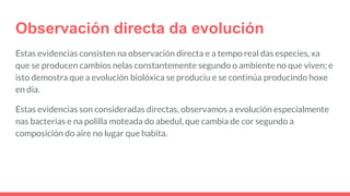 Observación directa da evolución
Estas evidencias consisten na observación directa e a tempo real das especies, xa
que se producen cambios nelas constantemente segundo o ambiente no que viven; e
isto demostra que a evolución biolóxica se produciu e se continúa producindo hoxe
en día.
Estas evidencias son consideradas directas, observamos a evolución especialmente
nas bacterias e na polilla moteada do abedul, que cambia de cor segundo a
composición do aire no lugar que habita.
 