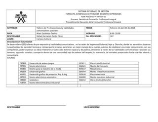 SISTEMA INTEGRADO DE GESTIÓN
FORMATO, EVIDENCIAS ACTIVIDADES BIENESTAR APRENDICES
F006-P002B-GFPI versión 01
Proceso Gestión de formación Profesional Integral
Procedimiento Ejecución de la Formación Profesional Integral
ACTIVIDAD Talleres de Pre-Expresividad y habilidades
comunicativas y sociales
FECHA Febrero 11-abril 14 de 2013
ÁREA Artes Escénicas-Teatro- HORARIO 8:00- 20:00
RESPONSABLE Rafael Hernando Pardo Pérez No. APRENDICES 367
LUGAR Campus Cultural
Descripción de la Actividad:
Se desarrollaron (15) talleres de pre-expresión y habilidades comunicativas , en las sedes de Sogamoso,Duitama,Paipa y Otanche, donde los aprendices tuvieron
la oportunidad de aprender técnicas y rutinas que le sirvieron para tener un mejor manejo de su cuerpo, además de establecer una mejor comunicación con sus
compañeros, poder expresar sus ideas mediante un adecuado dominio espacial y de público, venciendo a través de las habilidades comunicativas y sociales sus
temores, logrando convivir y compartir dentro de una comunidad bajo los valores del respeto, La tolerancia, La honradez proyectados hacia una vida laboral y
comunitaria.
GRUPOS:
297898 Desarrollo de videos juegos 395811 Electricidad Industrial
297932 Manto electrónico 364641 Manto de Computo
395801 Diseño para la industria de la moda 434647 Mecatronica
341938 Desarrollo grafico 364594 Manto telecomunicaciones
366953 Desarrollo grafico de proyectos Arq. & Ing 395830 Electromecánica
437309 Manto electrónico automotriz. 366000 Manto mecánico Industrial
434669 Soldadura 366032 Obras Civiles (Otanche)
258754 Manto electromecánico industrial
_______________________________________________ ________________________________________________
RESPONSABLE LÍDER BIENESTAR
 