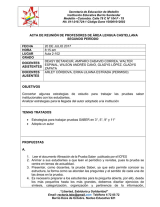 Secretaría de Educación de Medellín
Institución Educativa Barrio Santander
Medellín –Colombia. Calle 78 C Nº 104 F - 78
Ni...