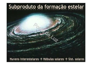 Subproduto da formação estelar
Nuvens interestelares Nébulas solares Sist. solares
 