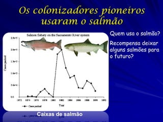Os colonizadores pioneiros
     usaram o salmão
                      Quem usa o salmão?
                      Recompensa deixar
                      alguns salmões para
                      o futuro?




   Caixas de salmão
 
