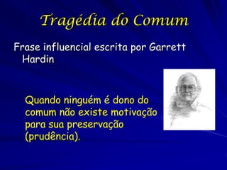 Tragédia do Comum
Frase influencial escrita por Garrett
 Hardin



  Quando ninguém é dono do
  comum não existe motivação
  para sua preservação
  (prudência).
 