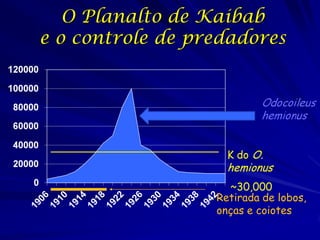 O Planalto de Kaibab
e o controle de predadores




                    K do O.
                    hemionus
                    ~30,000
                  Retirada de lobos,
                  onças e coiotes
 