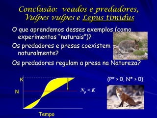 Conclusão: veados e predadores,
   Vulpes vulpes e Lepus timidus
O que aprendemos desses exemplos (como
  experimentos “naturais”)?
Os predadores e presas coexistem
  naturalmente?
Os predadores regulam a presa na Natureza?

    K                          (P* > 0, N* > 0)

N                     Np < K



        Tempo
 