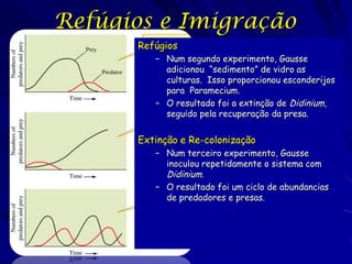 Refúgios e Imigração
      Refúgios
         – Num segundo experimento, Gausse
           adicionou “sedimento” de vidro as
           culturas. Isso proporcionou esconderijos
           para Paramecium.
         – O resultado foi a extinção de Didinium,
           seguido pela recuperação da presa.


      Extinção e Re-colonização
         – Num terceiro experimento, Gausse
           inoculou repetidamente o sistema com
           Didinium.
         – O resultado foi um ciclo de abundancias
           de predadores e presas.
 