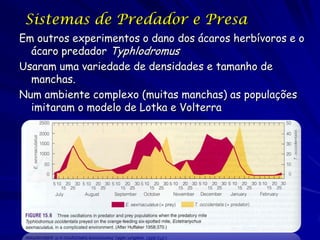 Sistemas de Predador e Presa
Em outros experimentos o dano dos ácaros herbívoros e o
  ácaro predador Typhlodromus
Usaram uma variedade de densidades e tamanho de
  manchas.
Num ambiente complexo (muitas manchas) as populações
  imitaram o modelo de Lotka e Volterra
 