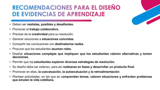31
• Deben ser realistas, posibles y desafiantes.
• Promover el trabajo colaborativo.
• Precisar de la creatividad para su resolución.
• Generar soluciones a situaciones concretas.
• Compartir las conclusiones con destinatarios reales.
• Procurar que los estudiantes asuman roles.
• Diseñar situaciones complejas que impliquen que los estudiantes valoren alternativas y tomen
decisiones.
• Permitir que los estudiantes exploren diversas estrategias de resolución.
• Su diseño debe ser extenso, para así realizarse en fases y desarrollar un producto final.
• Promover en ellas, la coevaluación, la autoevaluación y la retroalimentación
• Plantear actividades, en las que se comprendan temas, valoren situaciones y enfrenten problemas
que emulan la vida cotidiana.
 