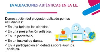 32
Demostración del proyecto realizado por los
estudiantes:
✓En una feria de las ciencias.
✓En una presentación artística.
✓En un portafolio.
✓En un festival de danza.
✓En la participación en debates sobre asuntos
sociales.
 