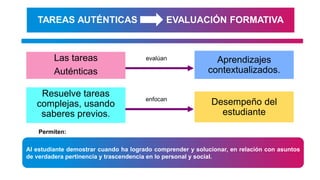 8
Las tareas
Auténticas
TAREAS AUTÉNTICAS EVALUACIÓN FORMATIVA
Resuelve tareas
complejas, usando
saberes previos.
Aprendizajes
contextualizados.
Desempeño del
estudiante
evalúan
enfocan
Permiten:
Al estudiante demostrar cuando ha logrado comprender y solucionar, en relación con asuntos
de verdadera pertinencia y trascendencia en lo personal y social.
 