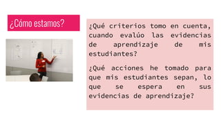 ¿Cómo estamos? ¿Qué criterios tomo en cuenta,
cuando evalúo las evidencias
de aprendizaje de mis
estudiantes?
¿Qué acciones he tomado para
que mis estudiantes sepan, lo
que se espera en sus
evidencias de aprendizaje?
 