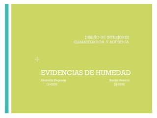 DISEÑO DE INTERIORES
CLIMATIZACIÓN Y ACÚSTICA

+
EVIDENCIAS DE HUMEDAD
Anabella Peguero
12-0329

Karina Rosario
12-0285

 