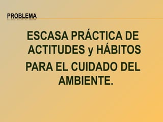 ESCASA PRÁCTICA DE
ACTITUDES y HÁBITOS
PARA EL CUIDADO DEL
AMBIENTE.

 