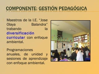 

Maestros de la I.E. “Jose
Olaya
Balandra”
trabando
la
diversificación
curricular con enfoque
ambiental.



Programaciones
anuales, de unidad y
sesiones de aprendizaje
con enfoque ambiental.

 